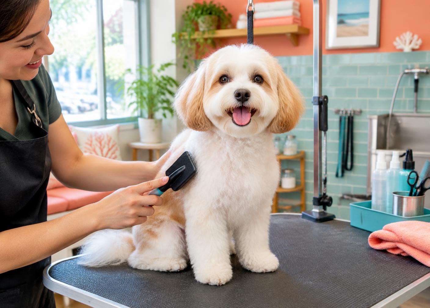 A happy freshly groomed dog being gently brushed